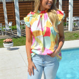 MULTI COLOR SATIN RUFFLED TOP (size large left)