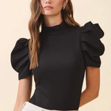 BLACK STRETCH PUFF SLEEVE BODYSUIT