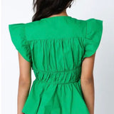 GREEN PUFF SLEEVE BUTTON TOP
