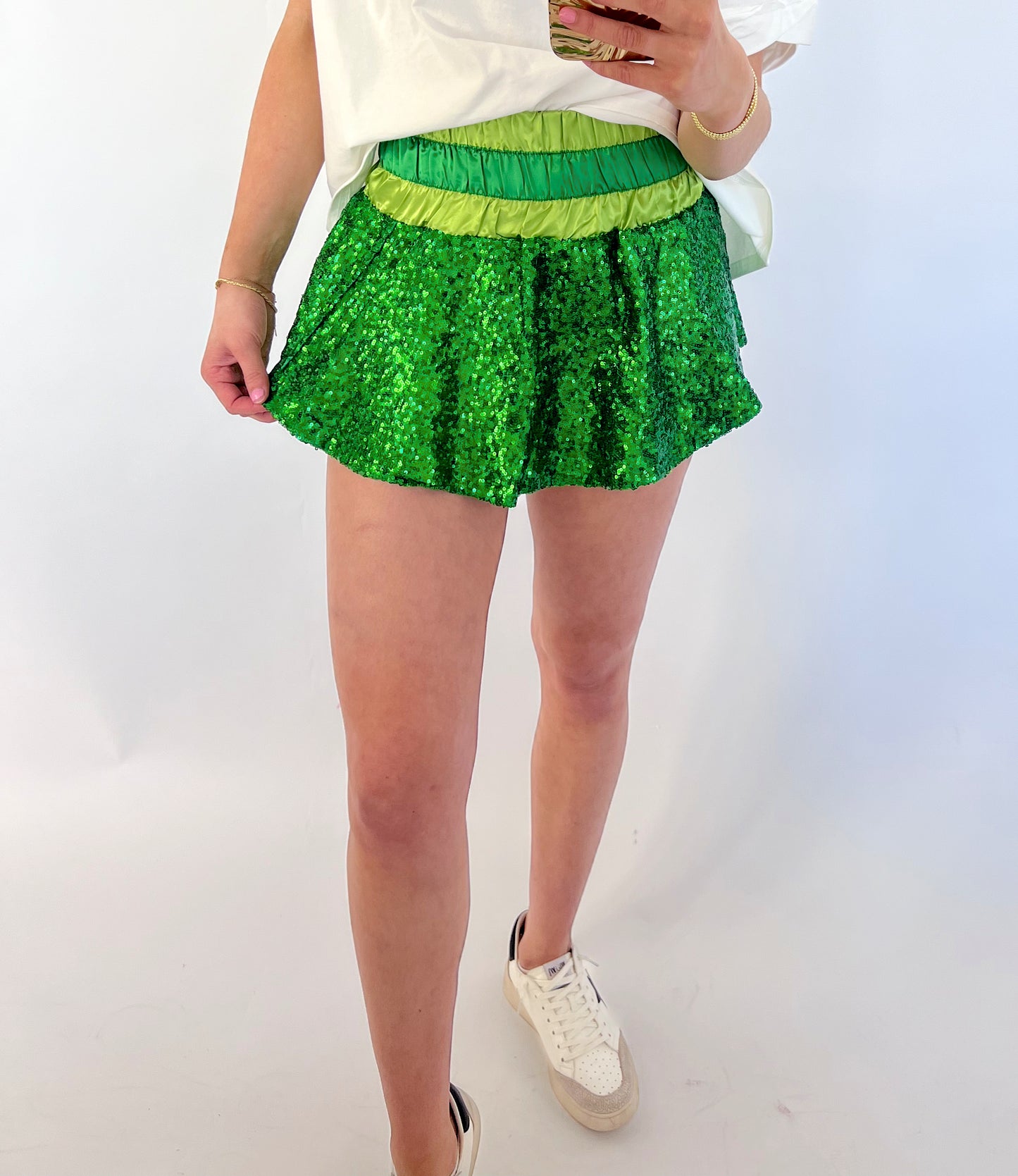 GREEN COLOR BLOCK SEQUIN SKORT