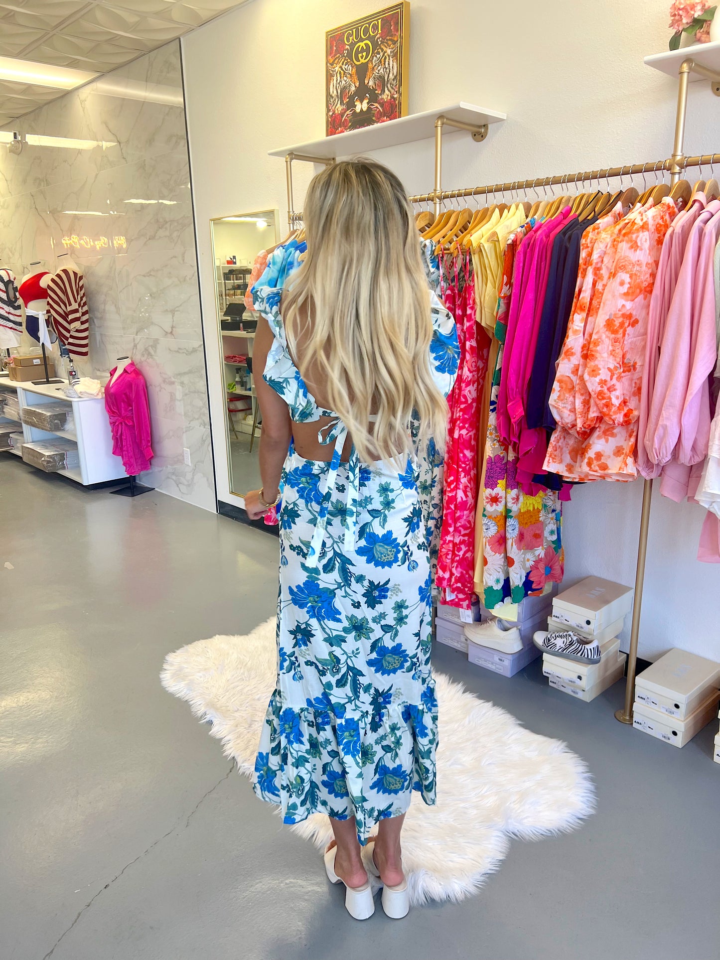 BLUE FLORAL RUFFLE MAXI DRESS