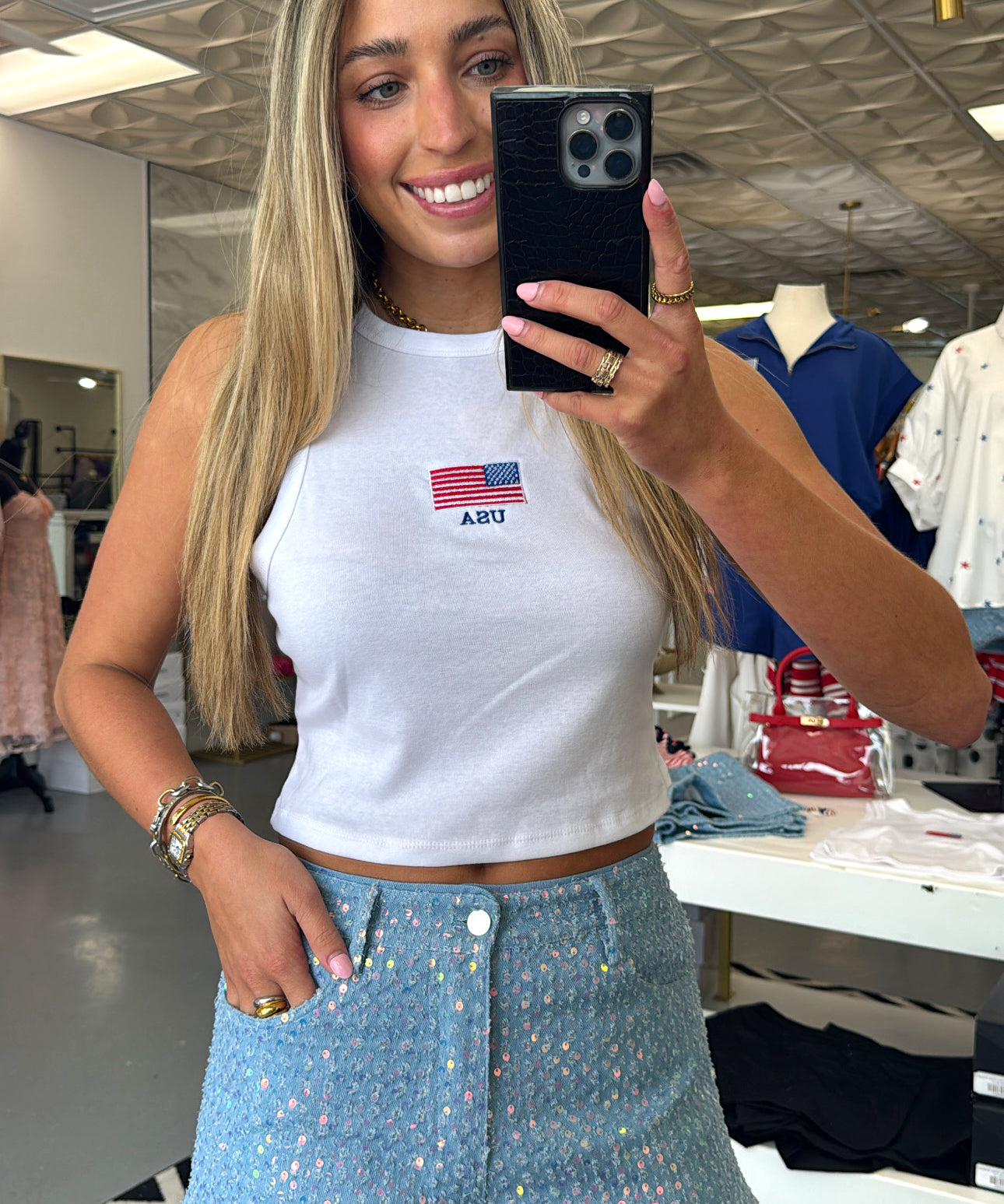 USA WHITE EMBROIDERED TANK