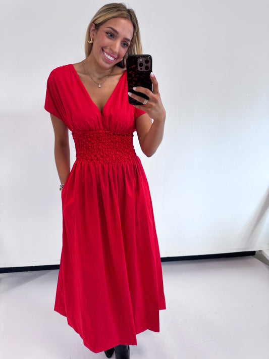 POPPY RED SMOCKED MAXI DRESS