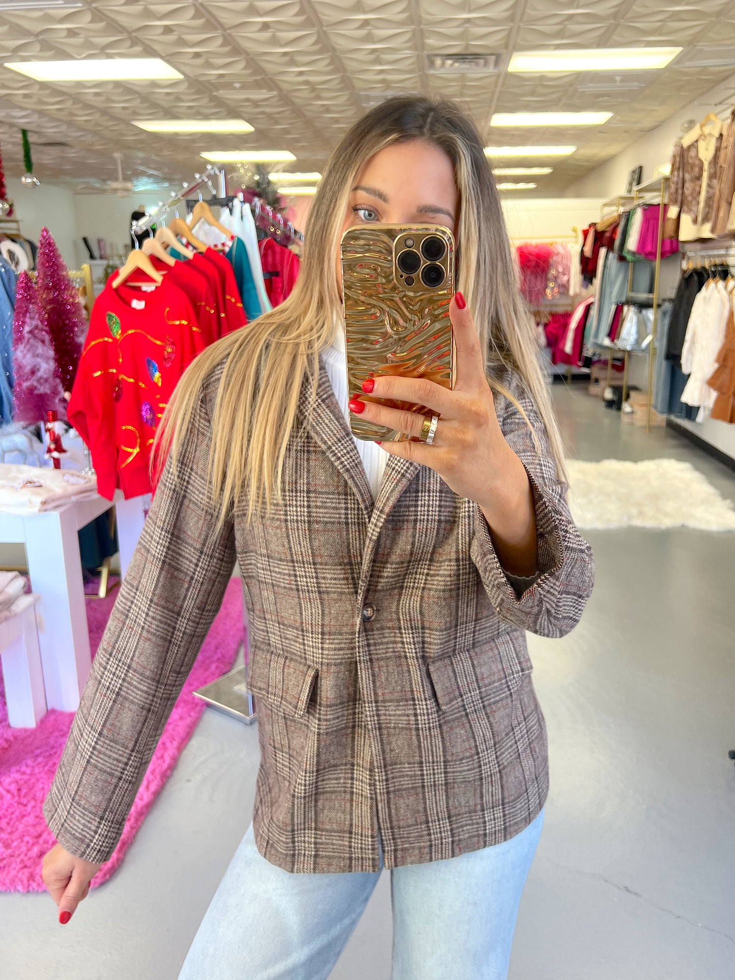 BROWN PLAID SEQUIN CHEETA BLAZER (large / XL left)