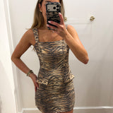 TIGER PRINT DENIM SQUARE NECK MINI DRESS