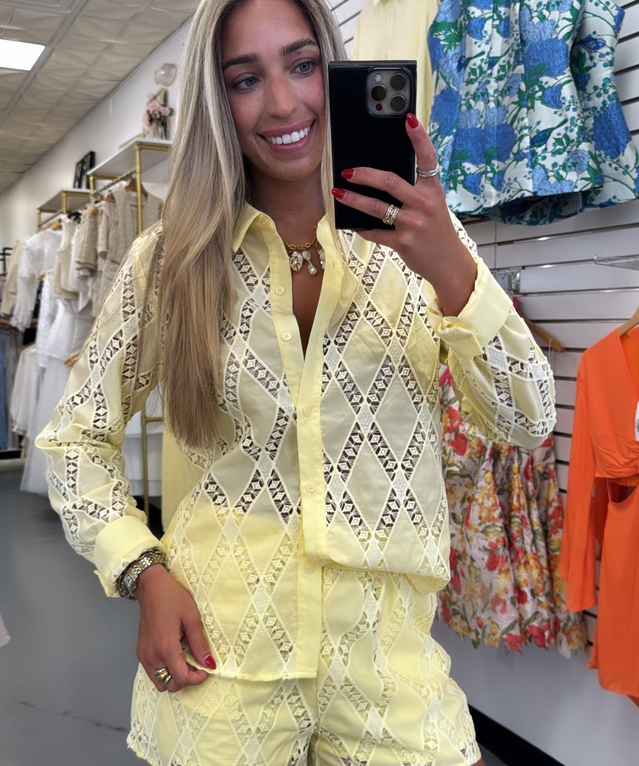 Yellow Embroidered Button Down Set