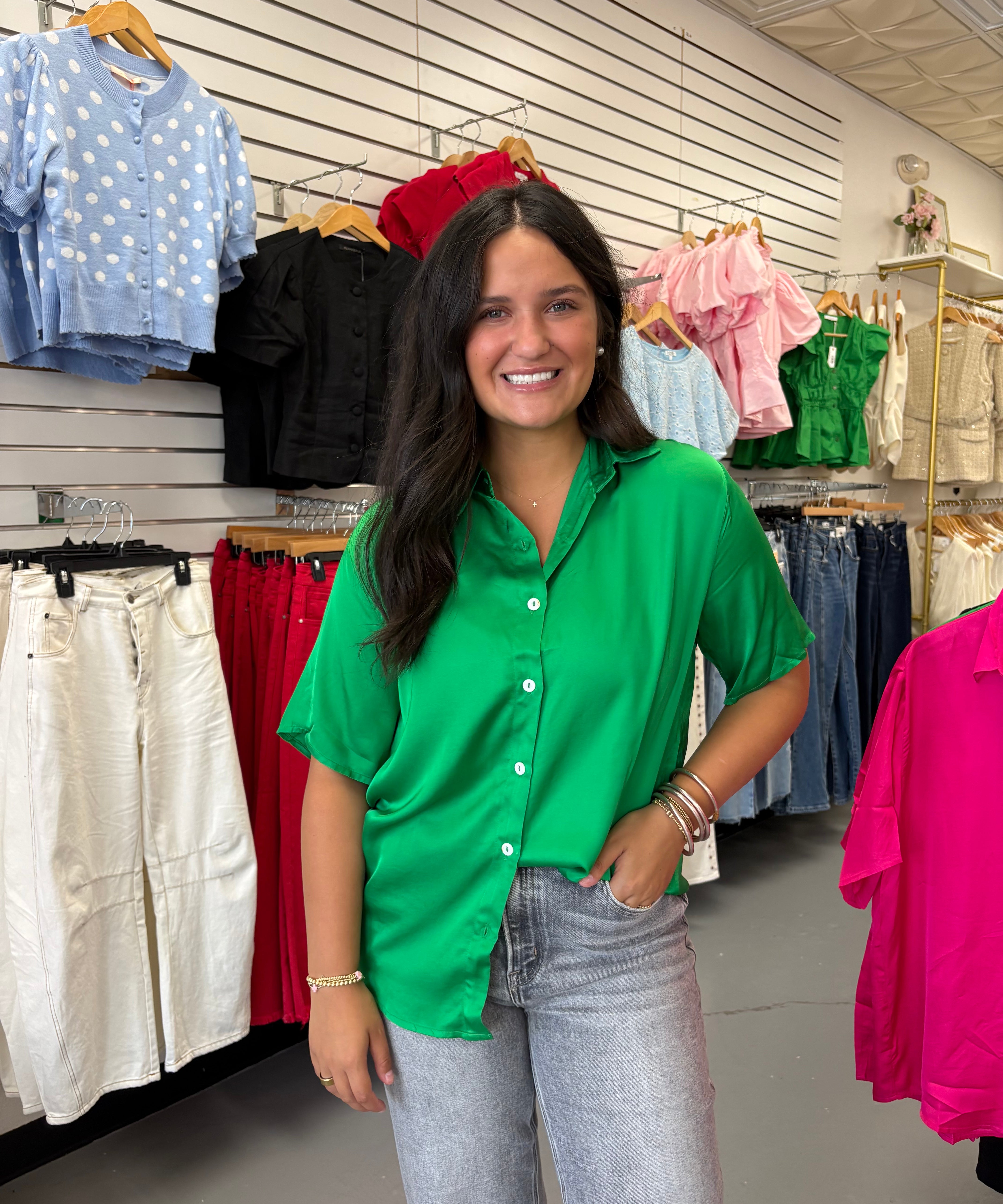 EMERALD SATIN BUTTON DOWN