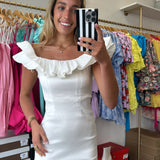 WHITE STRAPLESS RUFFLE MINI TIER DRESS