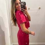 MAGENTA EMBELLISHED SATIN SKIRT SET