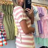 Pink Stripe Button Puff Sleeve Set