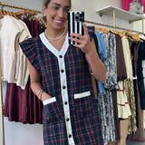 Black Plaid Button Dress