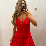 LBK RED RUCHED BUBBLE HEM DRESS