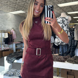Maroon Mock Neck Belted Suede Dress