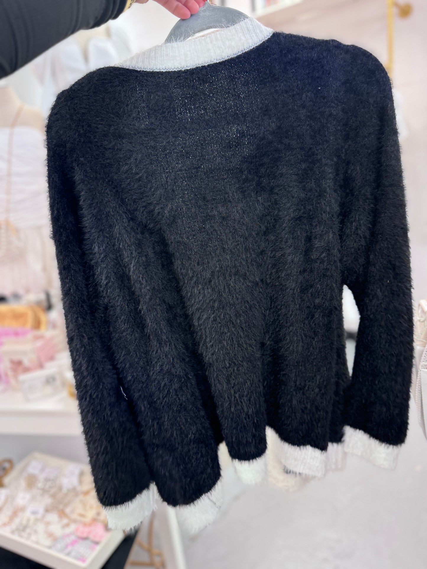 BLACK FUZZY KNIT OPEN CARDIGAN