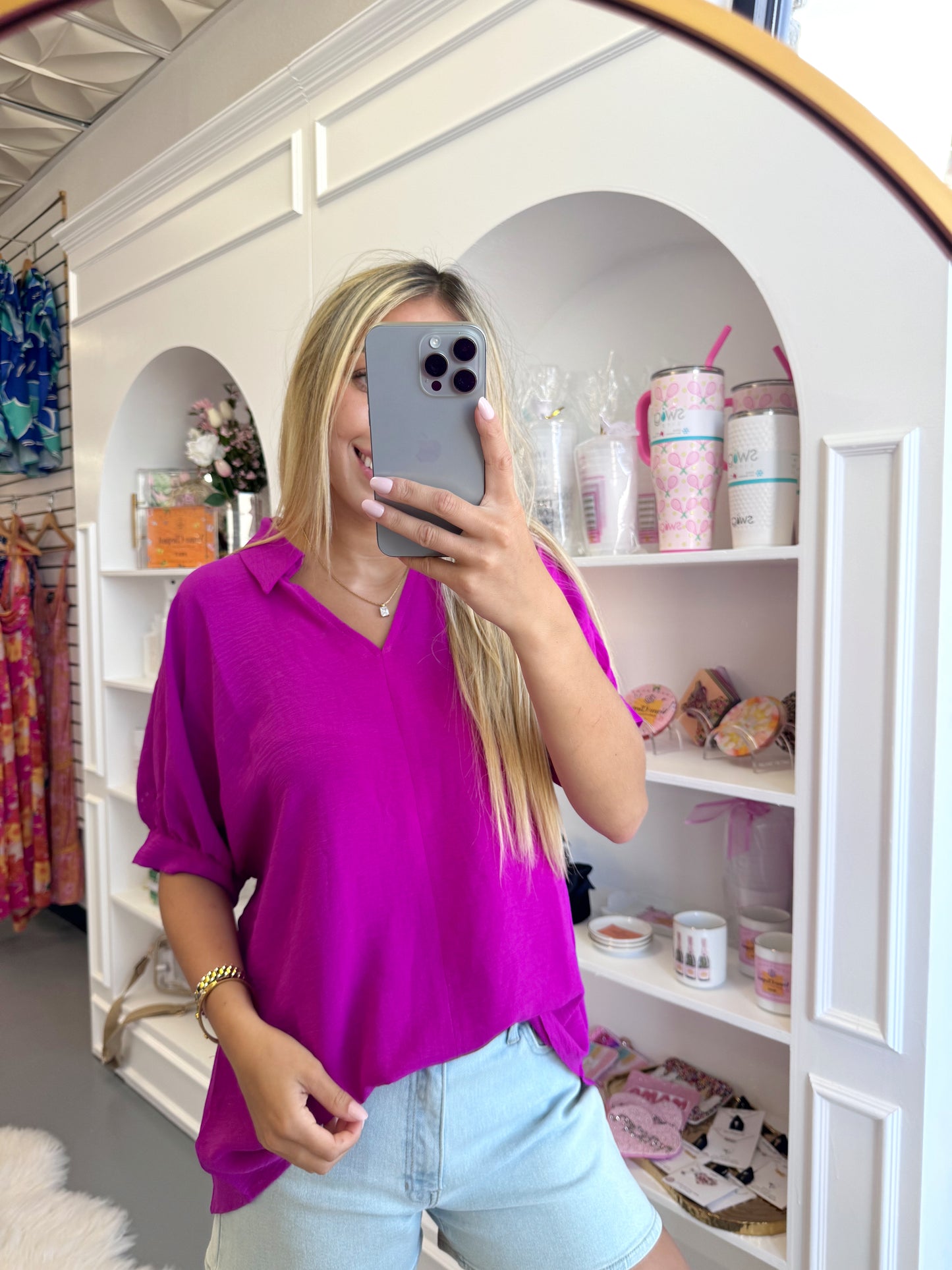 MAGENTA COLORED CUFFED BLOUSE