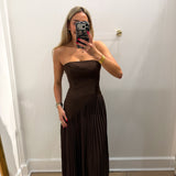 LBK BROWN ASYMMETRIC STRAPLESS PLEATED MAXI DRESS