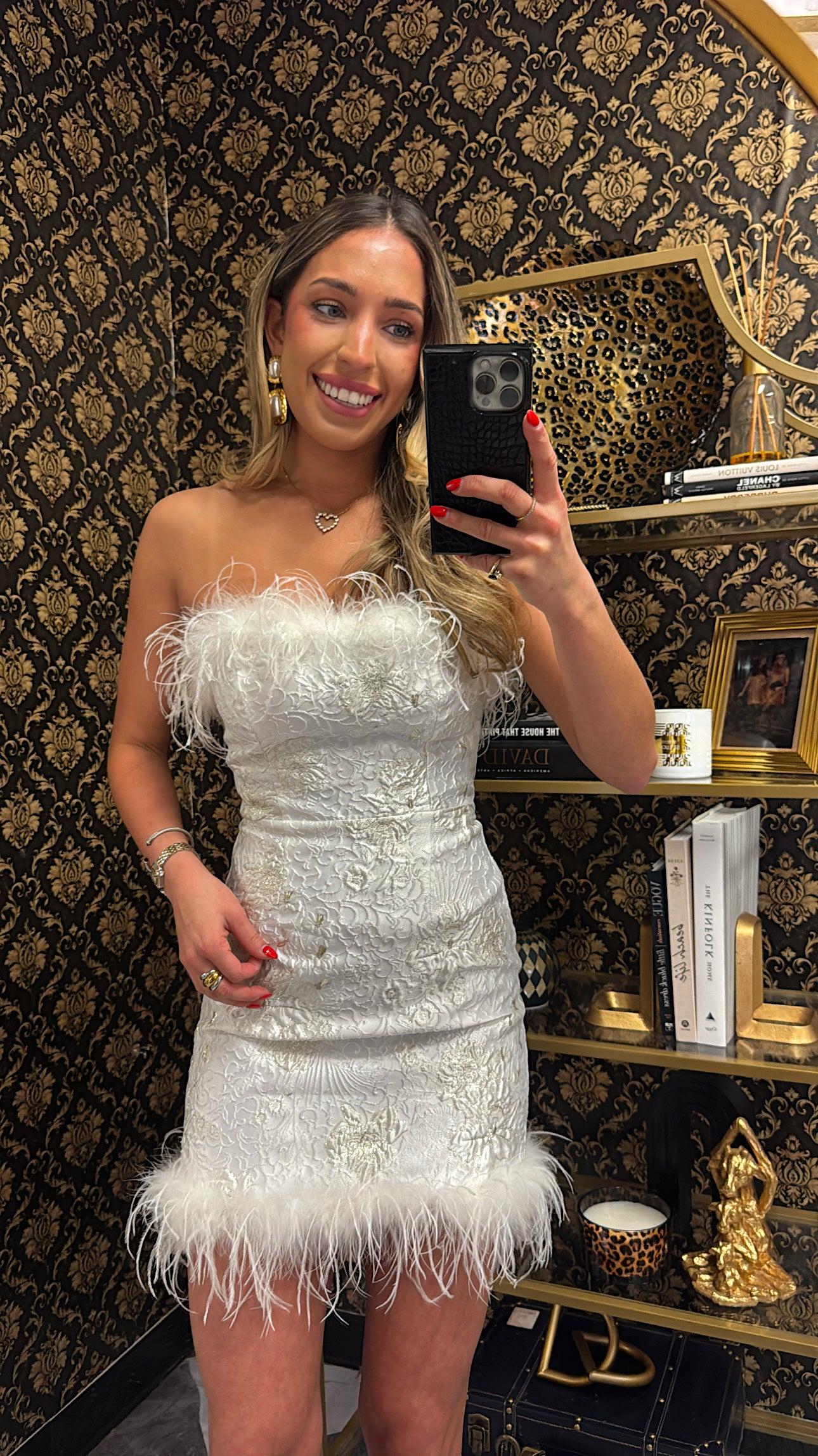 WHITE STRAPLESS FUR MINI JACQUARD DRESS – Classy and Company
