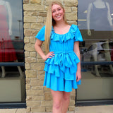 BLUE RUFFLE TIE DRESS