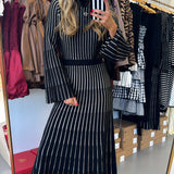 Black Stripe Rib-Knit Bell-Sleeve Maxi Sweater Dress