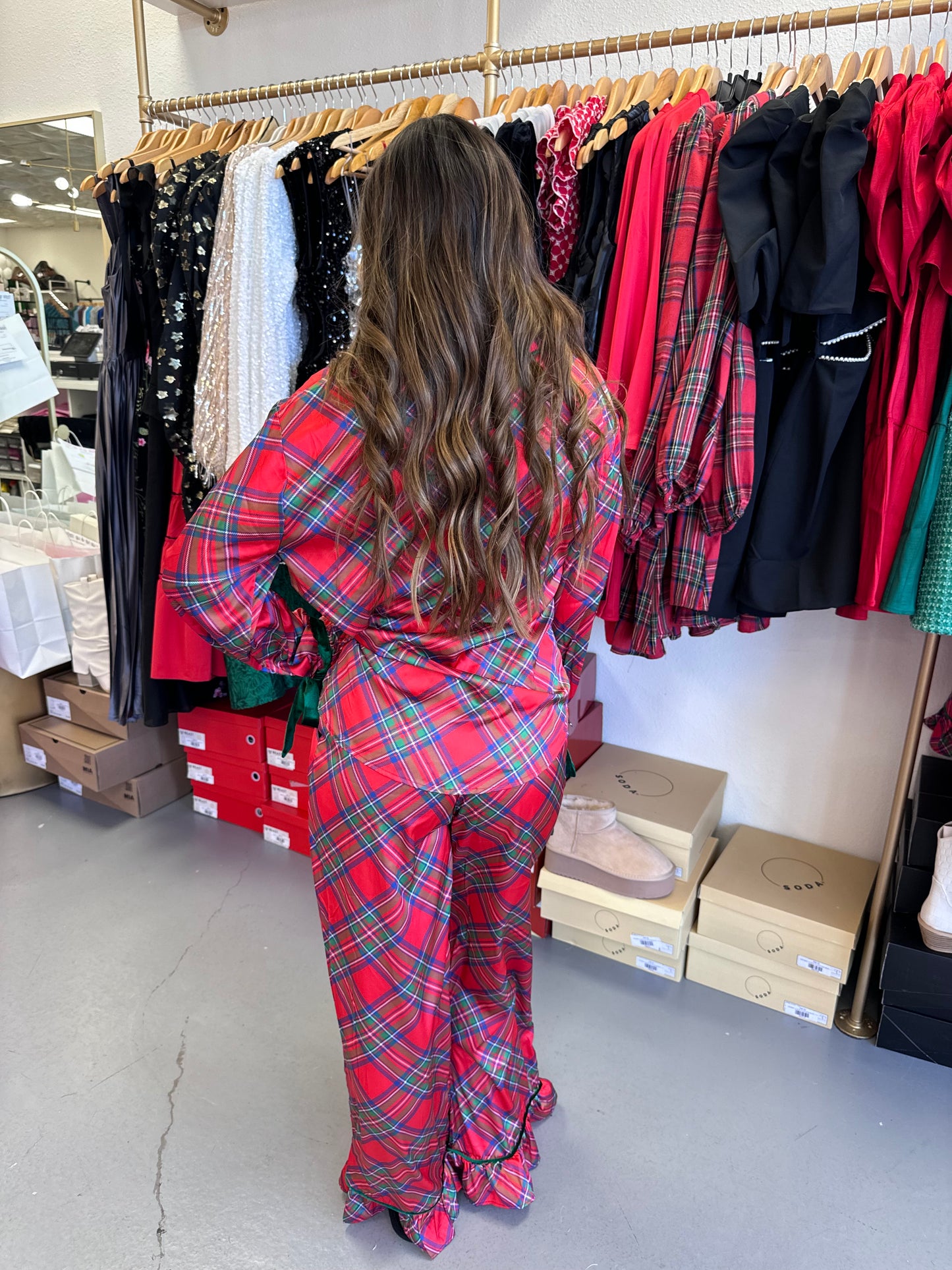 RED PLAID BOW SATIN PAJAMA SET