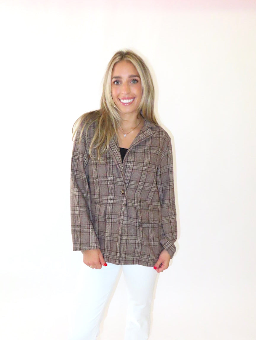 BROWN PLAID SEQUIN CHEETA BLAZER (large / XL left)