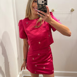 MAGENTA EMBELLISHED SATIN SKIRT SET