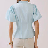 BLUE RUFFLE MOCK NECK BUTTON TOP