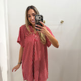 CRIMSON STRIPE FLOWY RUFFLE DRESS
