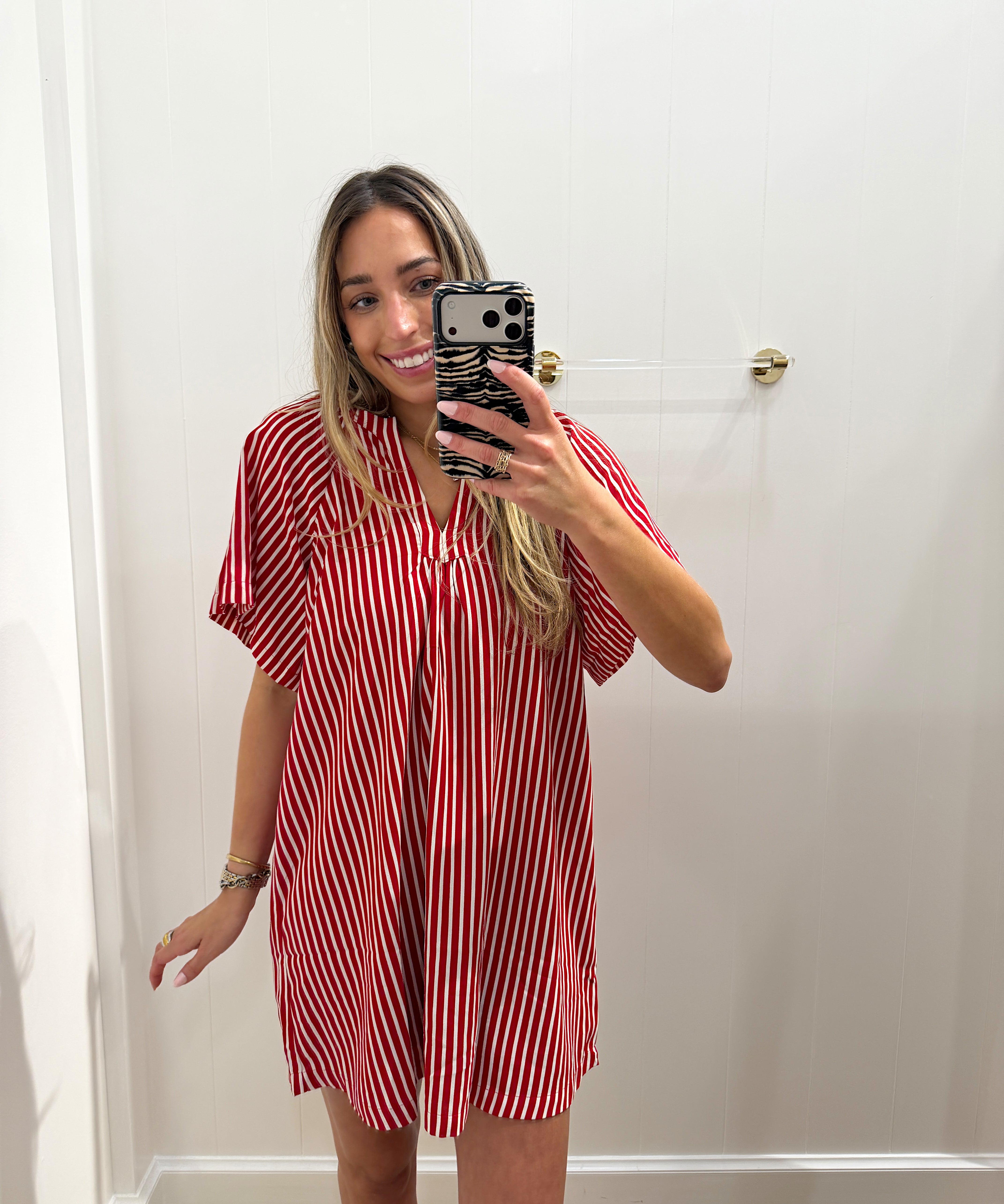 CRIMSON STRIPE FLOWY RUFFLE DRESS