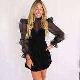 BLACK VELVET PUFF SLEEVE MINI DRESS