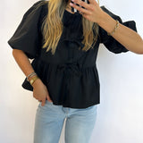 BLACK POPLIN FRONT TIE BLOUSE