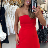 RED STRAPLESS BOW FLARE MINI DRESS