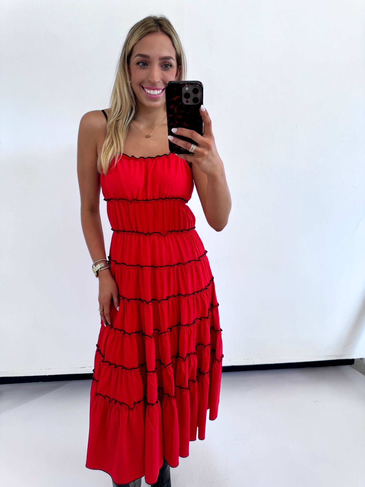 RED/ BLACK RUFFLED TIERED DRESS