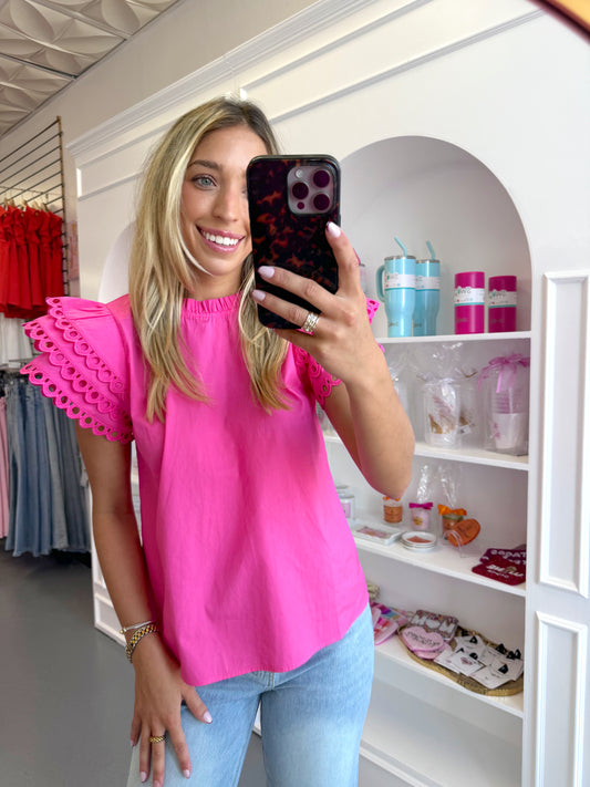 PINK SOLID SMOCKED FRILL TOP