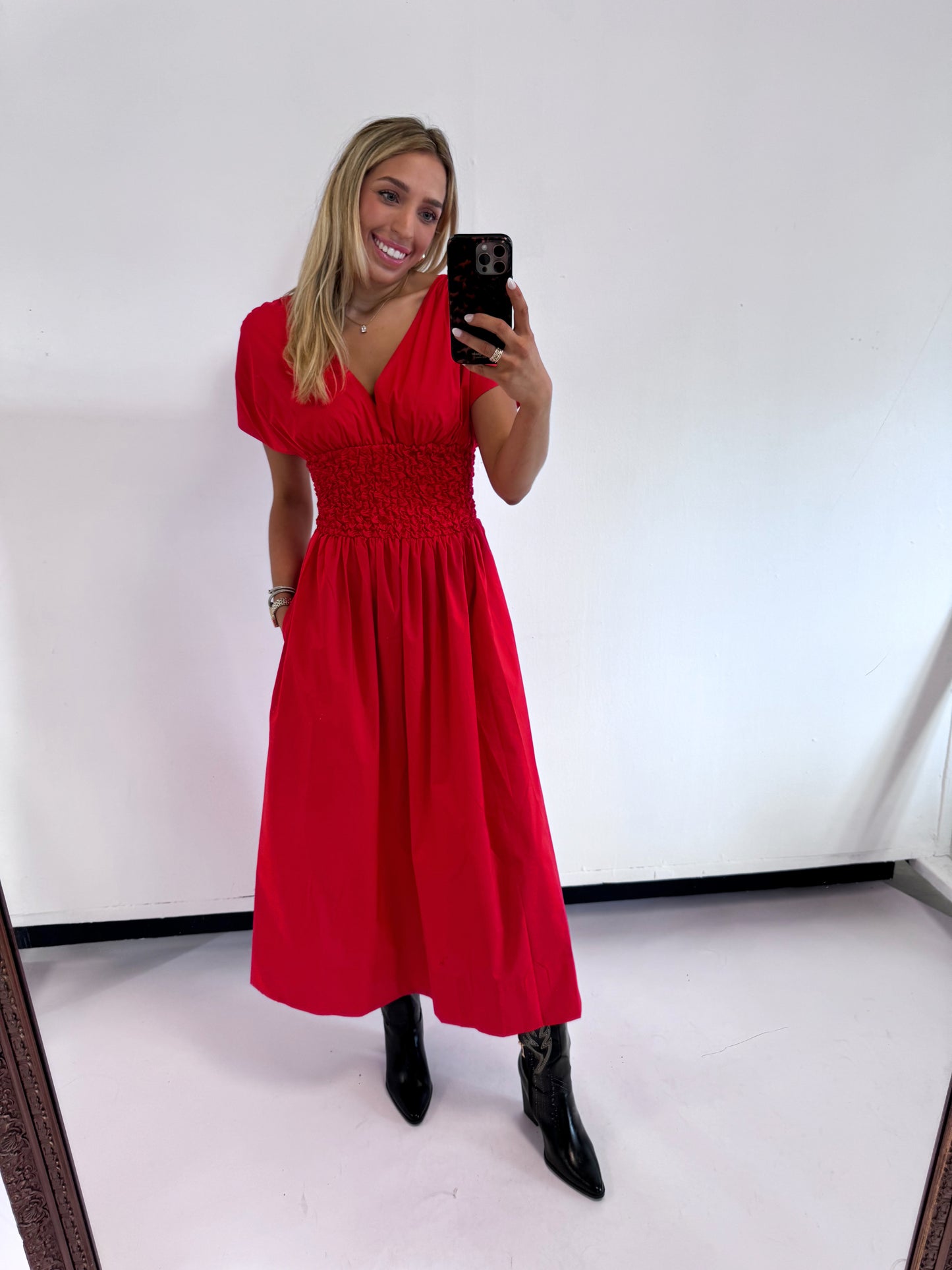 POPPY RED SMOCKED MAXI DRESS