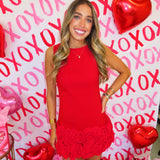 Red 3D Rosette Hem Dress