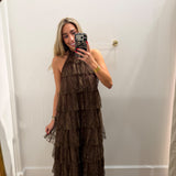 BROWN LACE TIERED HALTER MAXI DRESS