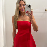 LBK RED STRAPLESS FLARE MINI DRESS