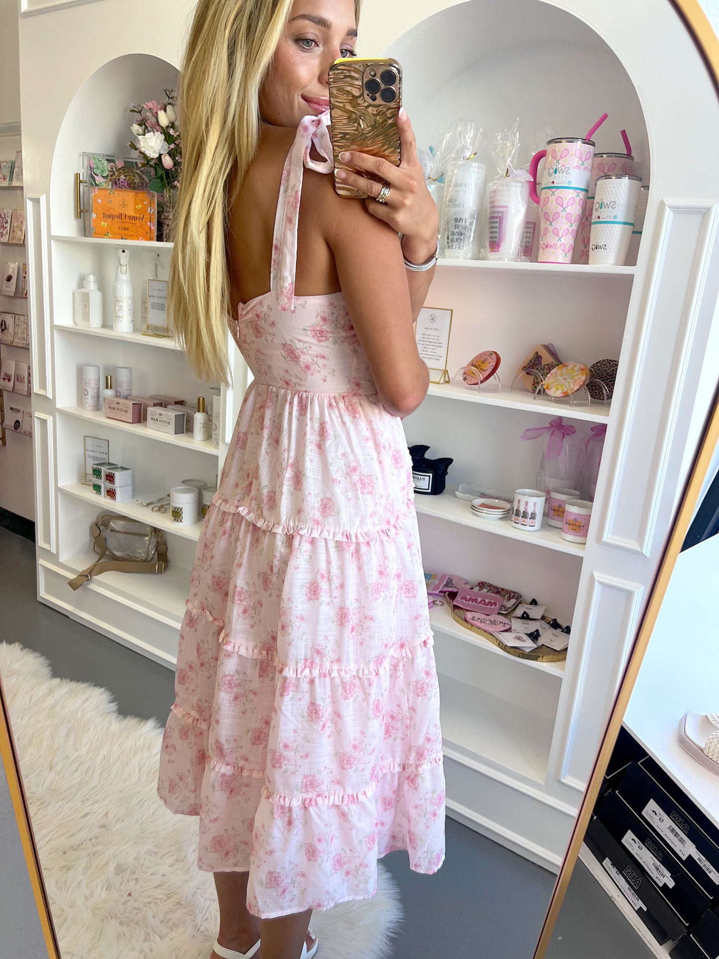 PINK FLORAL RUFFLE MIDI DRESS