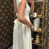 Cream Satin Boat Neckline Midi Dress