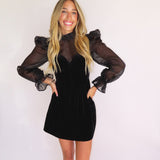 BLACK VELVET PUFF SLEEVE MINI DRESS