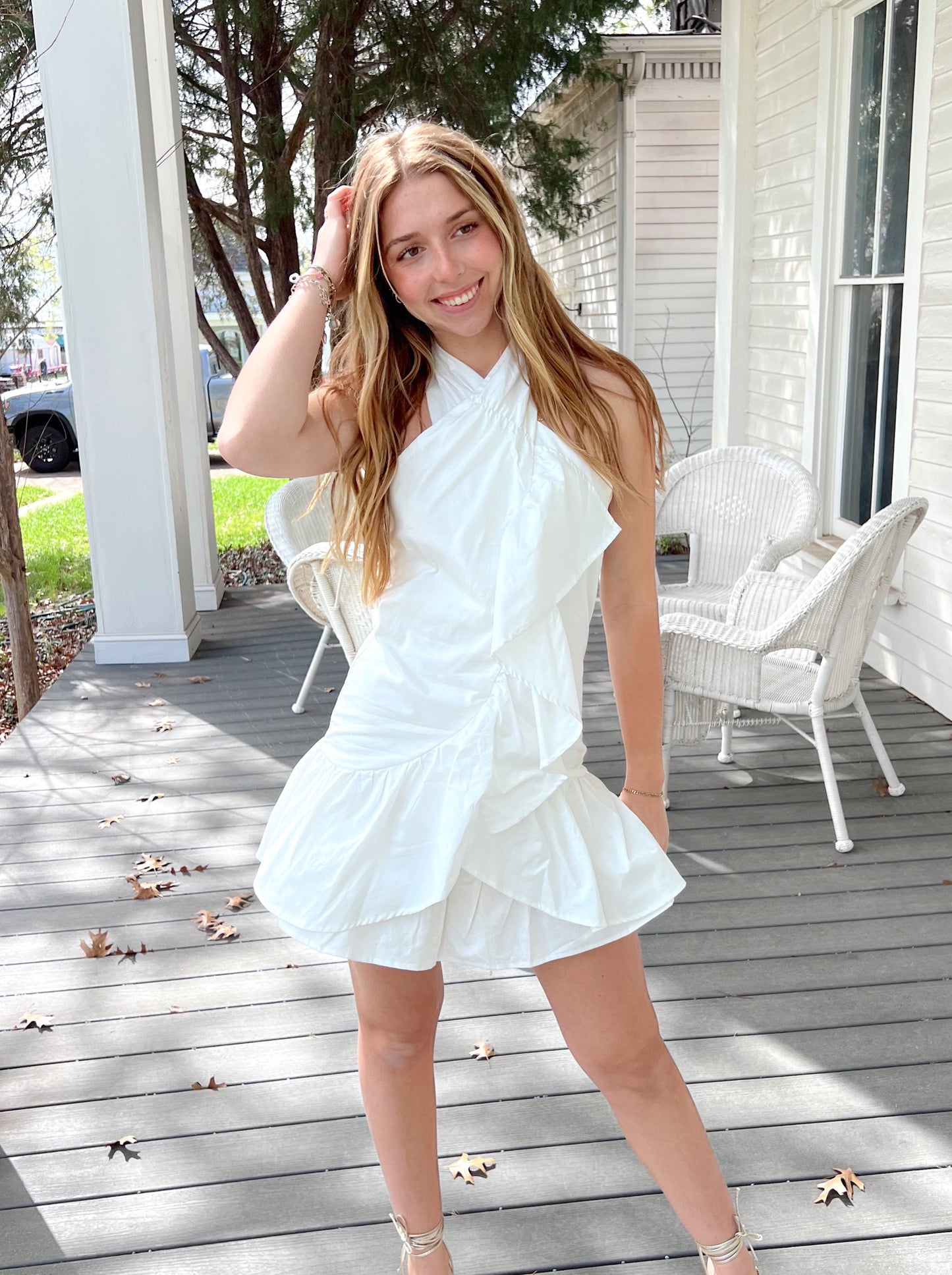 WHITE CRISS CROSS HALTER RUFFLE DRESS - (Large left)