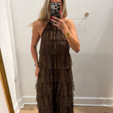 BROWN LACE TIERED HALTER MAXI DRESS