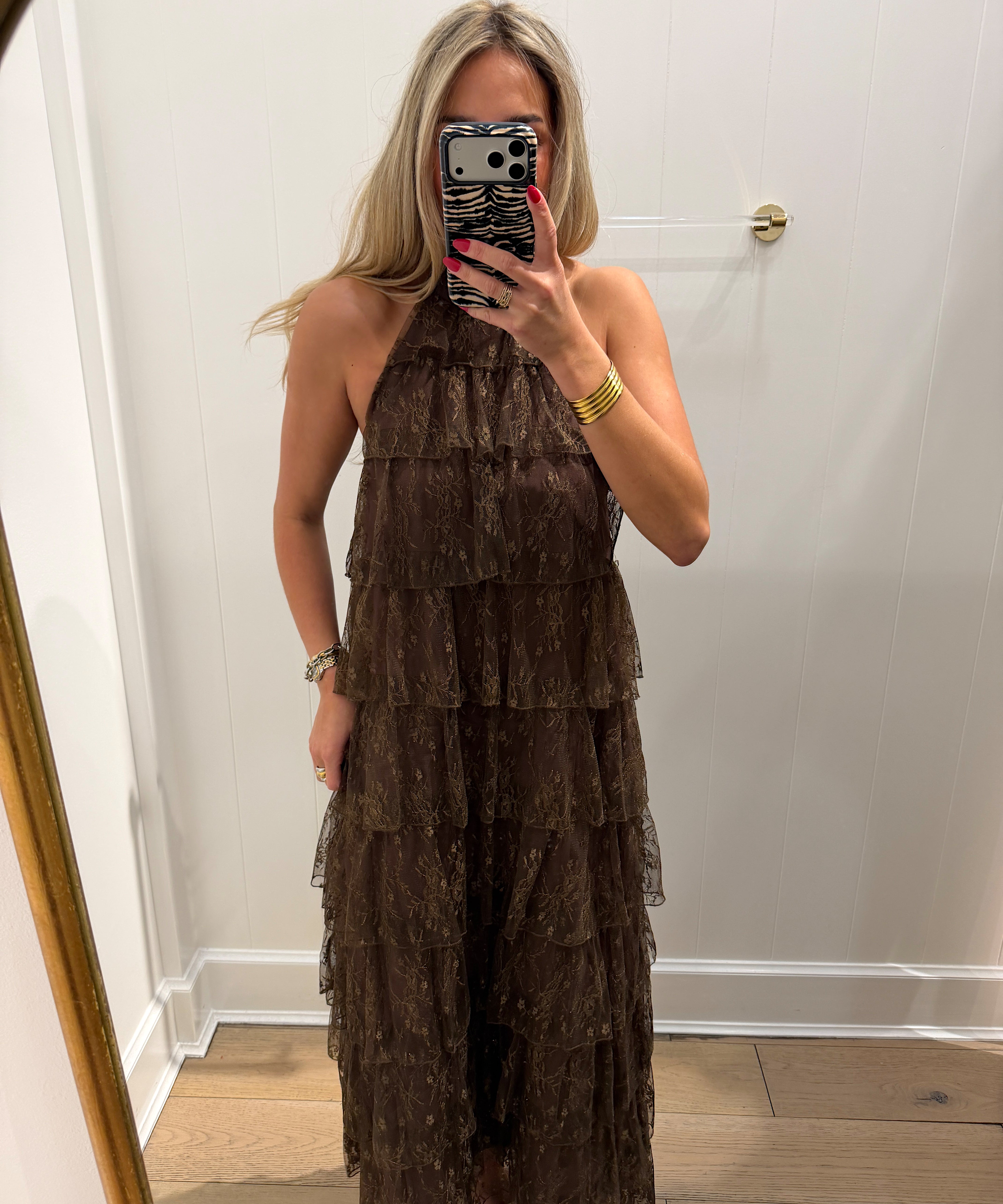 BROWN LACE TIERED HALTER MAXI DRESS