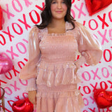 ROSE SHEEN SMOCKED LONG SLEEVE MINI DRESS