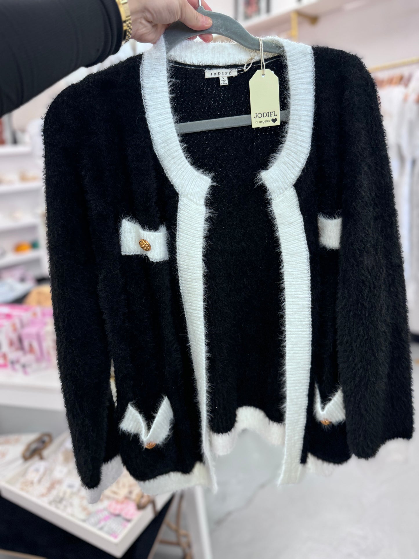 BLACK FUZZY KNIT OPEN CARDIGAN