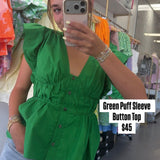 GREEN PUFF SLEEVE BUTTON TOP