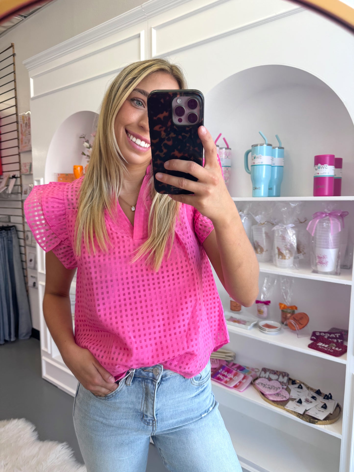 PINK RUFFLE CHECKERED TOP