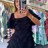 BLACK RUFFLE TIERED MINI DRESS