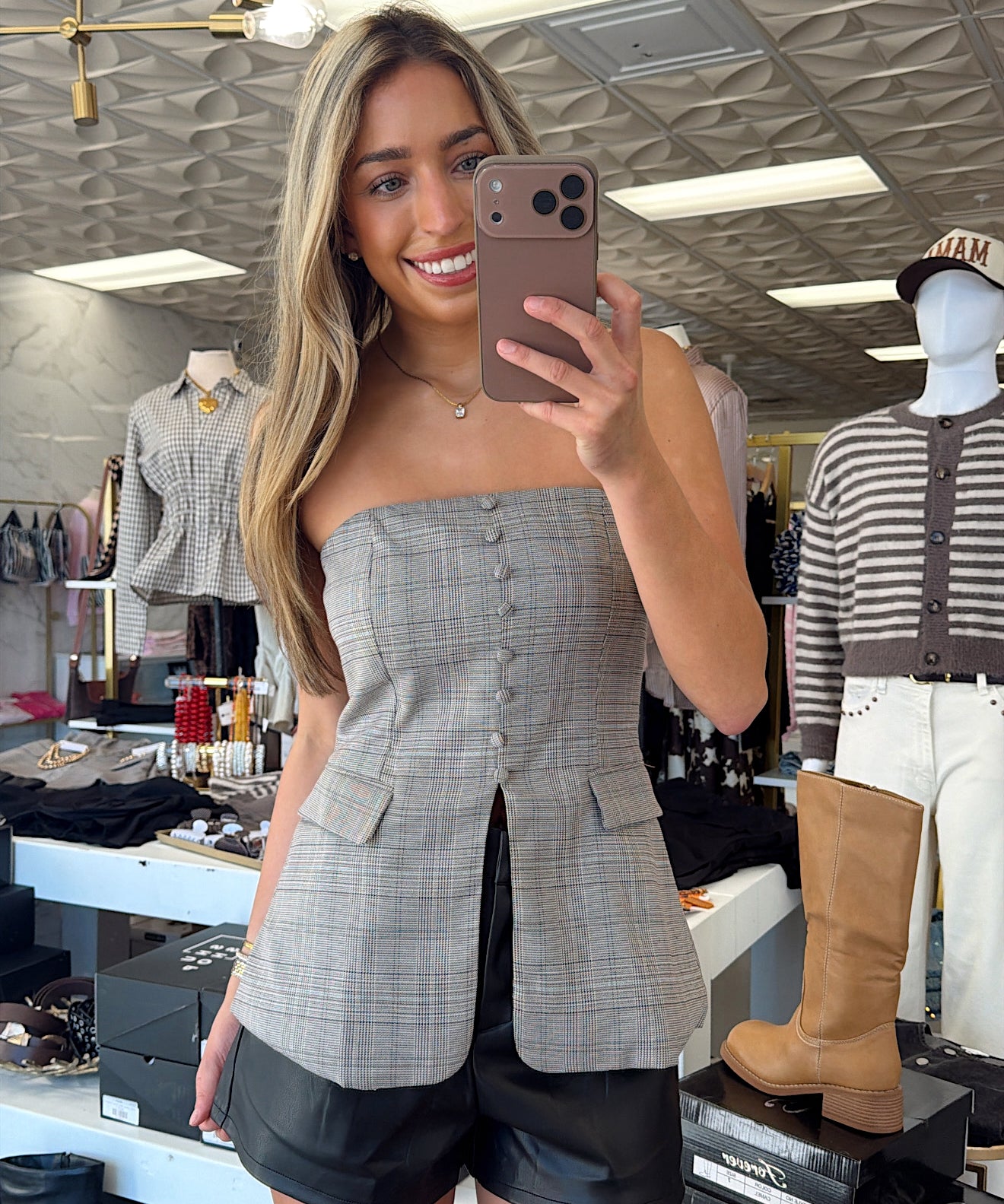 WF PLAID STRAPLESS BUTTON DETAIL TOP